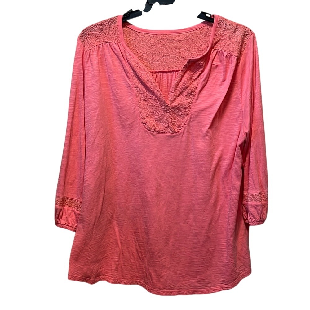 Sonoma Goods For Life Womens 1X Coral Pink Lace Crochet Slub Knit Boho‎ Top